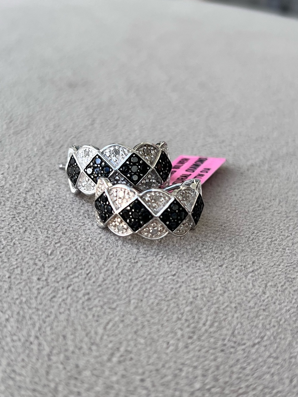 Sterling Silver Black and White Natural Diamond Pavé Half Hoop Earrings - Picture 2 of 8